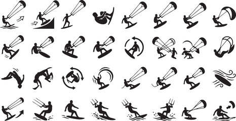 Kitesurfing Jump and Aerial Action Icons - Kiteboarding Freestyle Silhouette. © Murad
