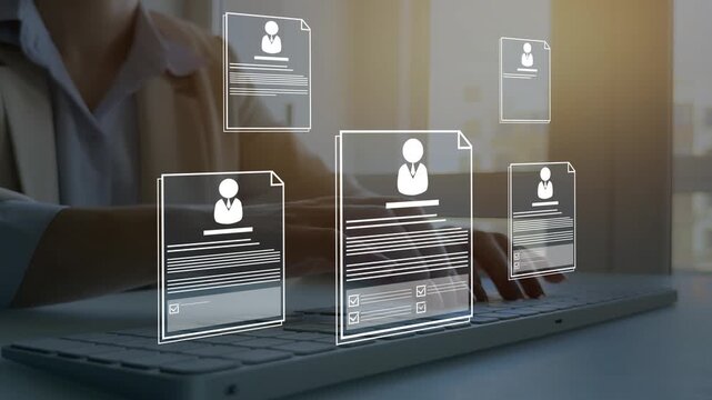 Digital human resources selection system for business operations management. Modern HR management covering recruitment, hiring, employee development, team work, performance and corporate growth.
