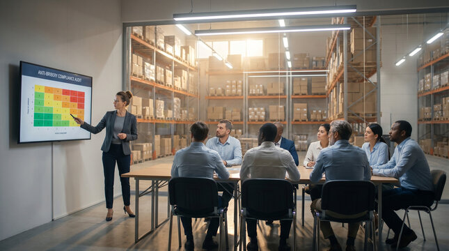 Regional manager presenting anti-bribery compliance audit findings in warehouse conference room, slide deck on mounted display showing risk 2