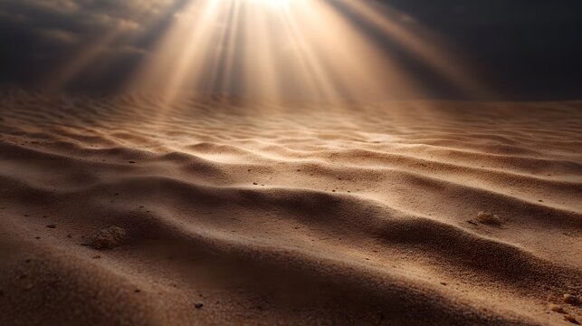 Dramatic sunlight rays piercing dark clouds illuminate the textured ripples of sand in an expansive desert landscape