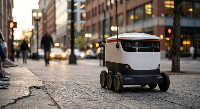 Autonomous delivery robot with 6 wheels and sensors moving along a paved city sidewalk at dusk, featuring blurred pedestrians and classic brick urban architecture.