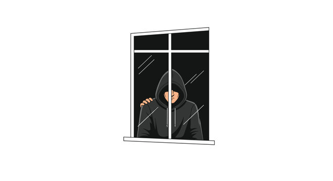 A mysterious person wearing a dark hooded sweatshirt leans against a window frame while observing the darkened interior space of a building during a gloomy day.