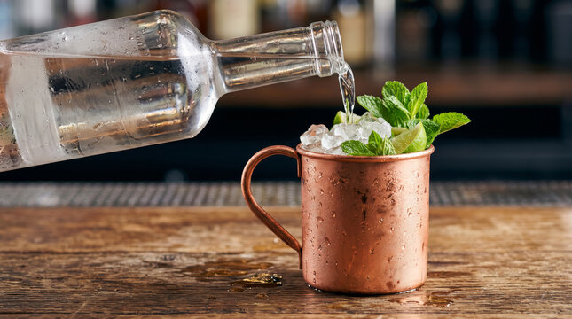 Pouring a clear spirit from a glass bottle into a copper mug filled with ice, lime, and fresh mint, prepared as a Moscow Mule cocktail on a rustic wooden bar.
