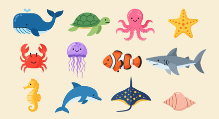 Fototapeta premium Colorful cartoon sea creatures illustration