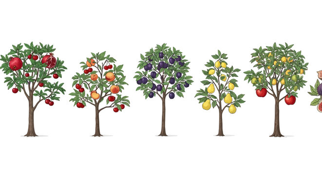 Fruites Fruit trees, colorful orchard, illustration set, 6 trees Vactor EPS