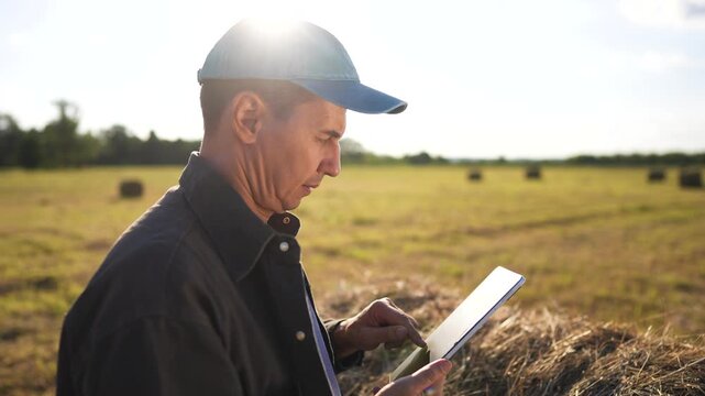 Man in field with tablet. Farmer working on field with haystacks and tablet. Farmer working in a field with haystacks of grass. Lifestyle a man standing in a field holding a tablet.