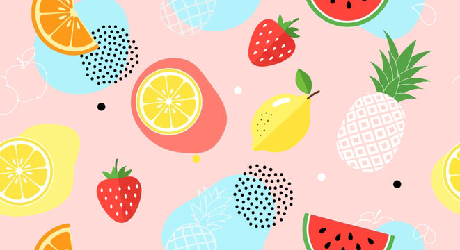Fruites Colorful Fruit Pattern, Summer Fruits Illustration, Tropical Fruit Seamless Design, Pink Background Vactor EPS