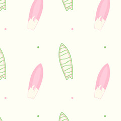 Seamless pattern with pink and green surfboard icons on white background. Tropical beach background for summer vacation, textile and wallpaper design © Iryna Duda