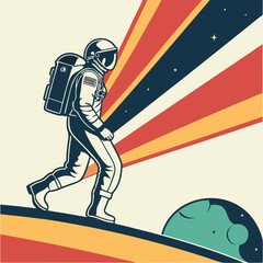 Astronaut walking on colorful cosmic landscape, retro space exploration poster vector illustration © SarwarGfx