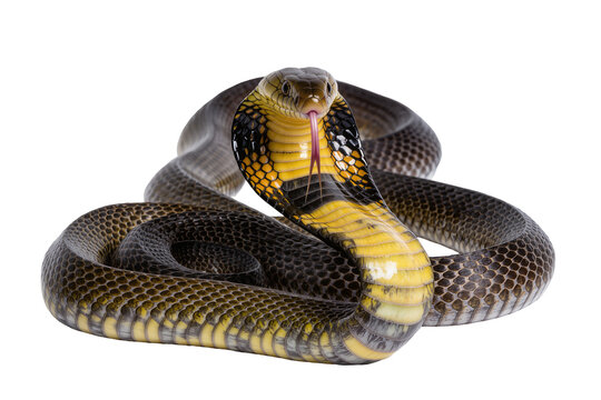 Isolated dangerous venomous King Cobra snake with flicking tongue, coiled and poised to strike