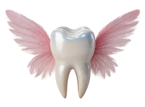 Isolated tooth with delicate pink feather wings, a whimsical dental or tooth fairy concept.