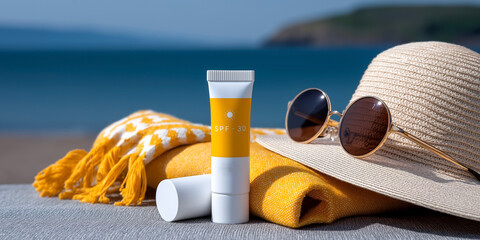 Sunscreen tube with spf 30 on beach towel with hat and sunglasses by sea representing summer vacation sun protection and skincare © YURII