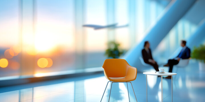 Modern office interior with chair and table in foreground and blurred business meeting near window at sunset symbolizing communication and corporate lifestyle