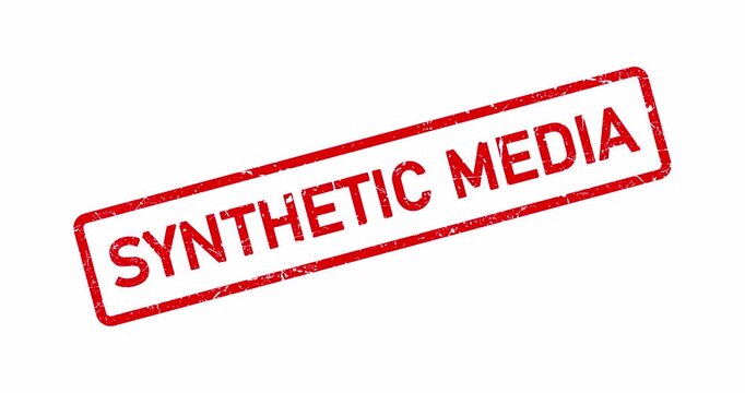 Synthetic media postal stamp, AI-generated and misleading content  mark, AI-assisted fake photo or video,  transparent background footage
