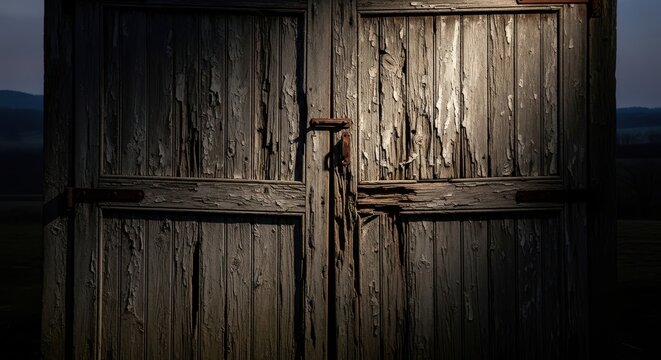 Close-up view of a weathered wooden garage door with deep gouges and peeling paint, showcasing rustic texture and aged character