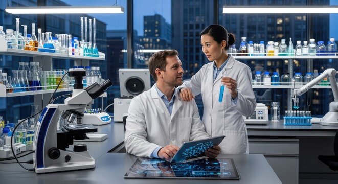 Two scientists working in modern research laboratory using digital tablets and microscopes.