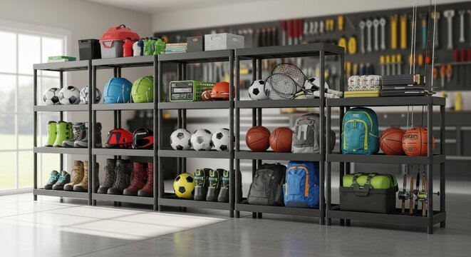 Modular Shelving Unit Organizing Sports Equipment and Household Items in a Garage