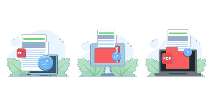 PDF document sharing illustration set featuring send and transfer concept. Ideal for file exchange, digital communication, cloud storage, and workflow processes in flat vector style.