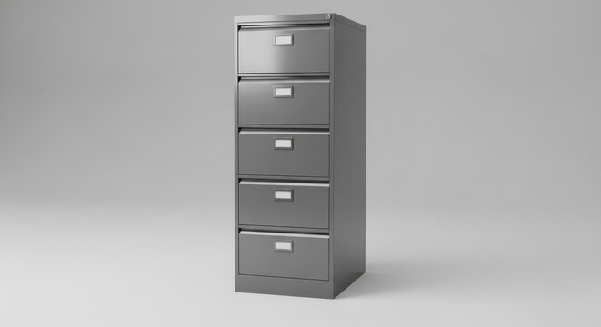 An open metal office cabinet door reveals a 3d render of a secure row of business document files and folders for data storage in an archive furniture case