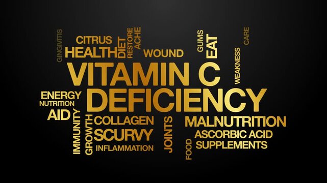 Vitamin C deficiency concept Animated Tag Word Cloud kinetic typography, Text Design Animation typography seamless loop video motion graphics Intro Wordart arrangement golden type on black background 