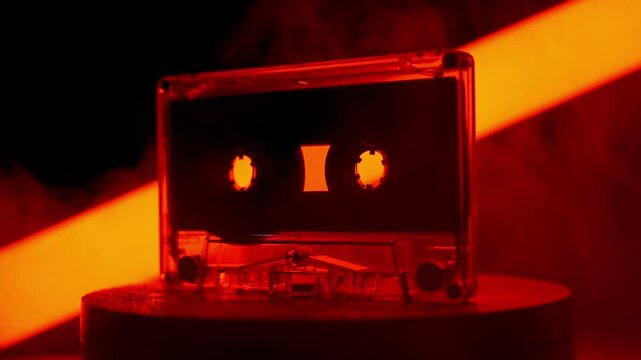 A transparent retro audio cassette tape rotates on a stand amidst smoke and shifting neon colors. Concept of 80s nostalgia, synthwave music culture, and vintage analog technology.