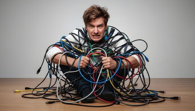 Stressed person tangled in computer cables while sitting on the floor for technology overwhelm and digital chaos concept, representing frustration and burnout