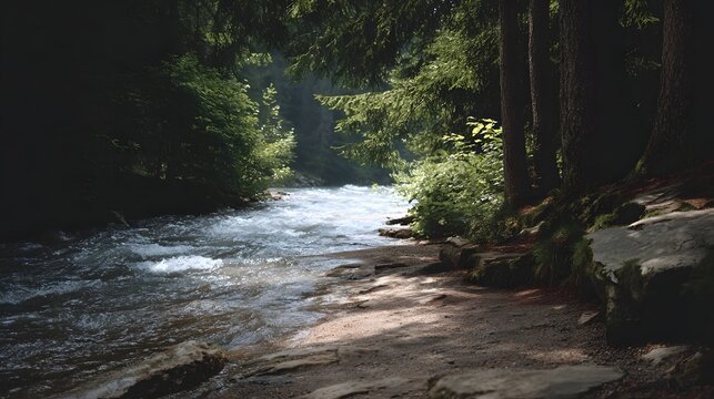A serene view of a flowing stream cutting through a dense lush temperate forest under d d light
