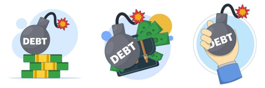 Debt concept illustration set showing flaming exploding ball as financial time bomb, representing debt risk, credit burden, and financial instability in vector style.