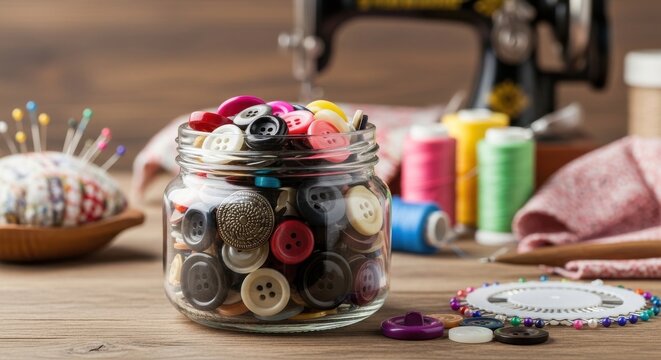 A glass jar filled with a vibrant assortment of colorful buttons, evoking a sense of creativity and sewing.