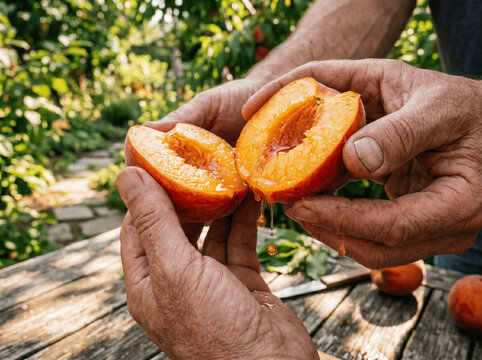 Ripe juicy peach being split in half by hands on a wooden table outdoors with a blurred garden background
