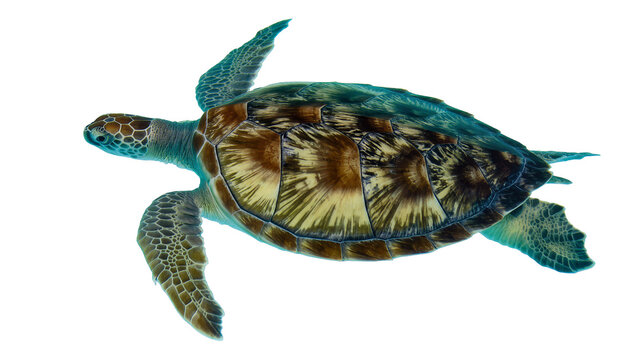 Isolated vibrant green sea turtle swimming gracefully, close-up, marine wildlife photography