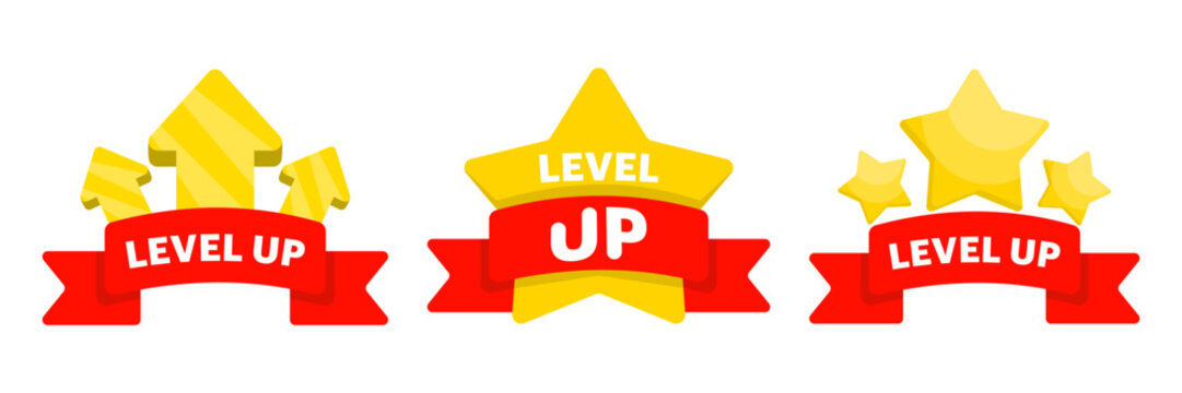 Level up badge illustration set with star elements in bold vector design. Concept of achievement, progress, rewards, and gamification for games and mobile app interfaces.