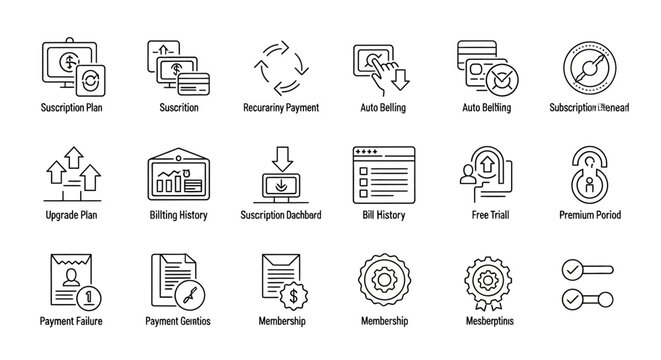 Subscription and membership management outline icon set for recurring billing and customer service platforms