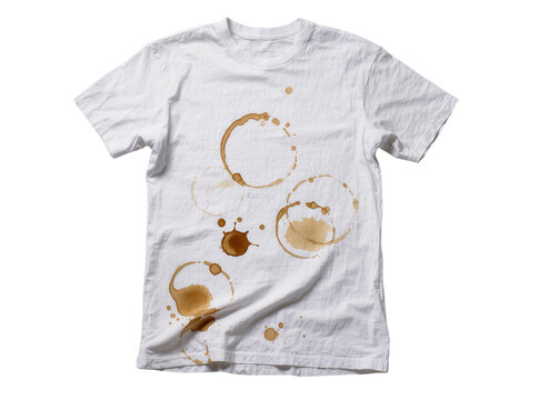 Isolated white cotton t-shirt with numerous coffee cup ring marks and messy brown splashes
