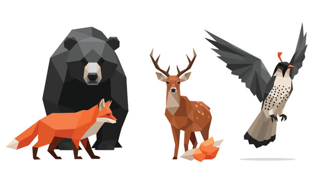 A detailed group of diverse forest wildlife including a bear and fox and deer and bird rendered in a crisp and angular low poly polygonal art style on white.