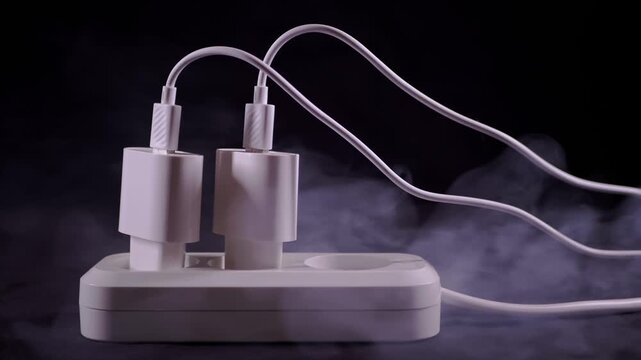 Two white chargers are plugged into a socket strip while heavy smoke rises due to severe overheating. Concept of electrical safety, fire hazards, and dangerous short circuits at home.
