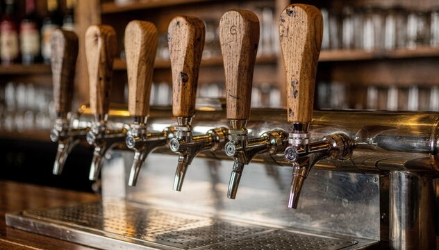 Detailed view of rustic wooden beer tap handles on a shiny metal draft system with glass cups blurred in the background and a glossy drip tray below.