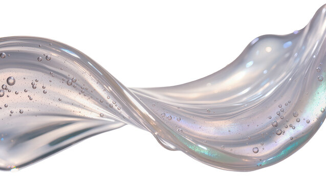 Isolated abstract swirling translucent serum with bubbles, pearlescent cosmetic gel texture