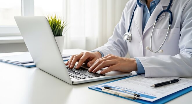 Doctor working on laptop at desk with medical files while wearing a white lab coat daily.