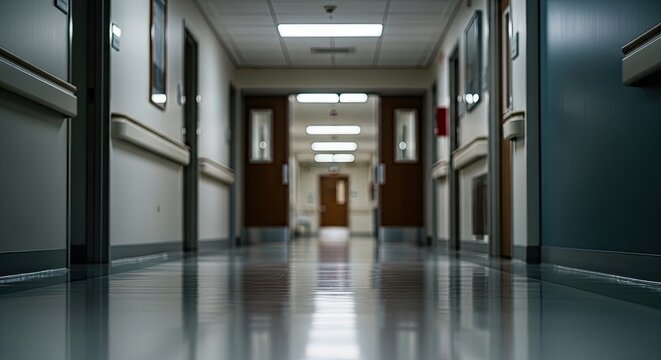View down long modern hospital hallway with closed doors and white walls in quiet corridor.