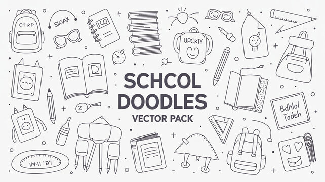 School doodles vector pack hand-drawn illustrations of backpacks books and stationery for educational design isolated on white background