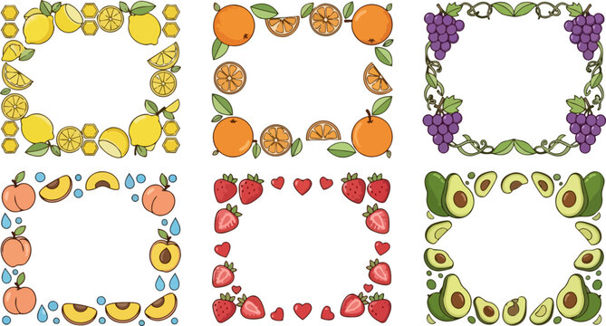 Fresh Fruit Borders, Vector Frame Designs, Food Illustration, Border Templates