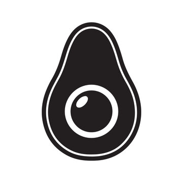 Simple black and white illustration of a halved avocado with a pit