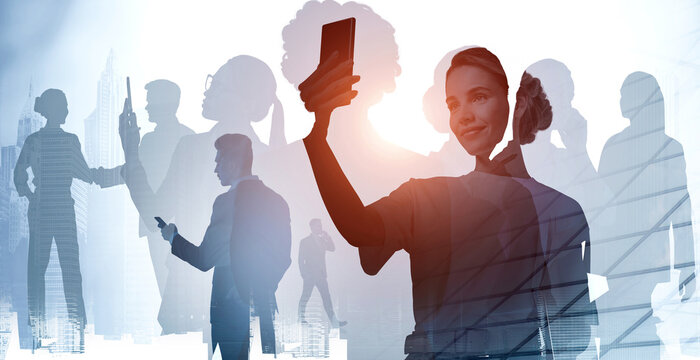 Group of people and a woman taking a selfie in soft double exposure style on a bright city backdrop, concept of creative business communication