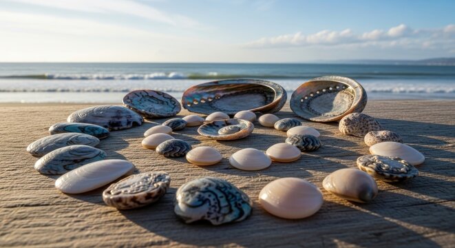 A Beautiful Collection of Smooth Iridescent Seashells Arranged on a Wooden Surface with the Ocean and Sky in the Background
