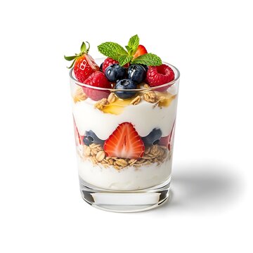 A layered glass dessert with yogurt granola and mixed berries isolated on white background