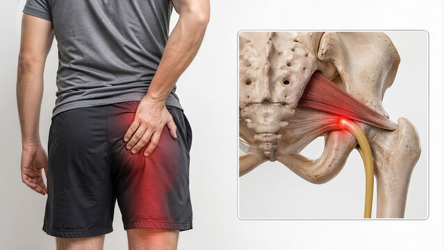 Photorealistic adult standing slightly sideways, one hand pressing the deep buttock/hip, mild discomfort suggesting piriformis syndrome with pain radiating to the posterior thigh.