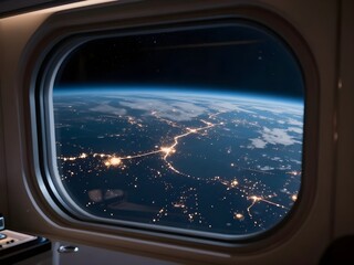 Naklejka premium View of Earth City Lights from Luxury Spacecraft Window at Night