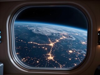 Fototapeta premium View of Earth City Lights from Luxury Spacecraft Window at Night