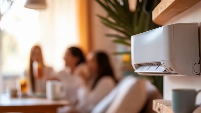 Modern white air conditioner unit on a wall in a bright living room with young adult women socializing in the background.